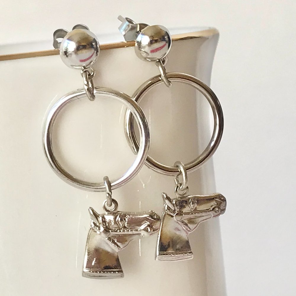 Silver Plated Horse Head Earrings Country Western Cowgirl Hoop Posts Dangle